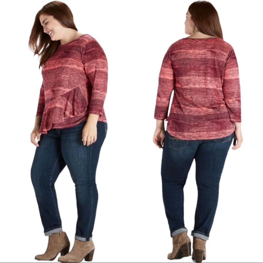 LUCKY BRAND | Pink Red Striped Long Sleeve Peplum Ruffle Linen Top